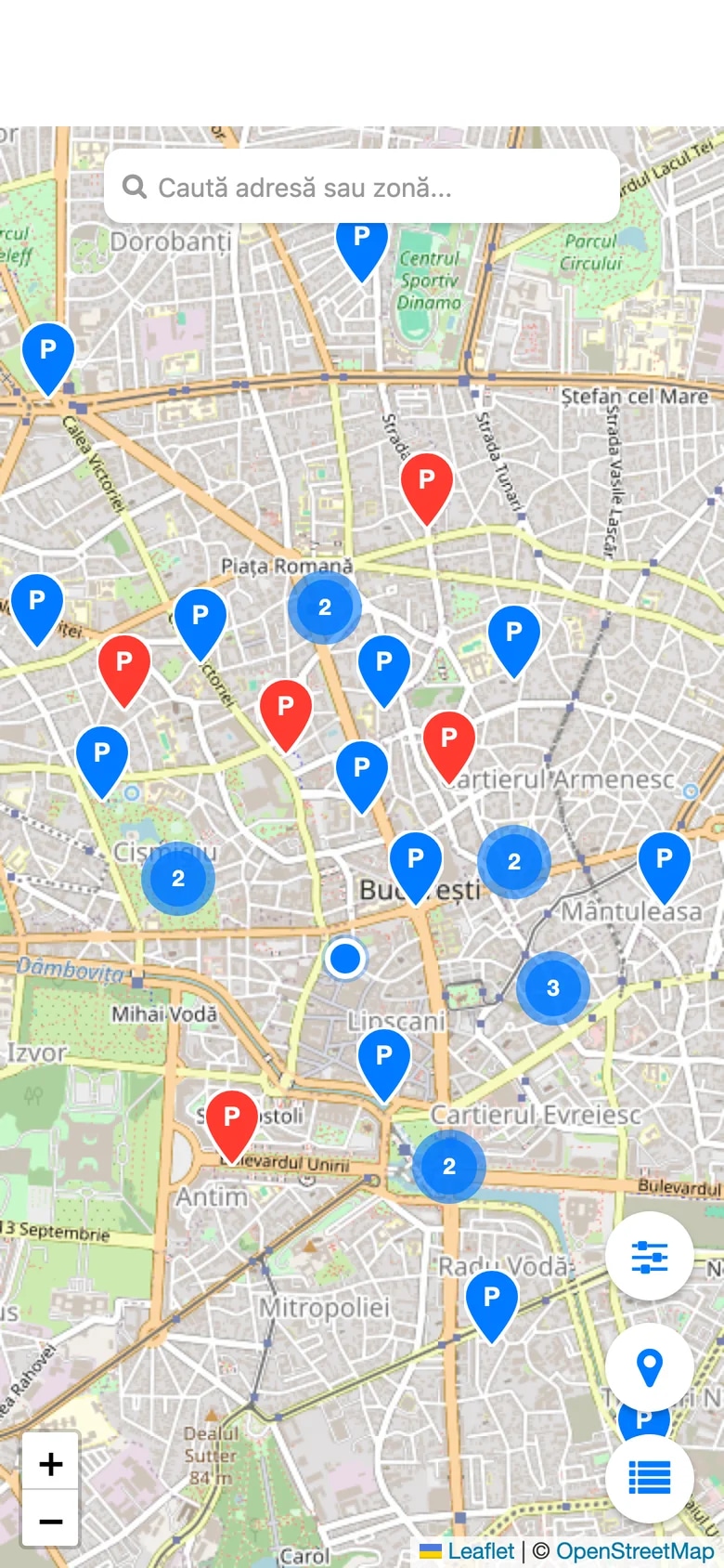 Harta din aplicația ParkOnGo, cu locuri de parcare libere și ocupate în București