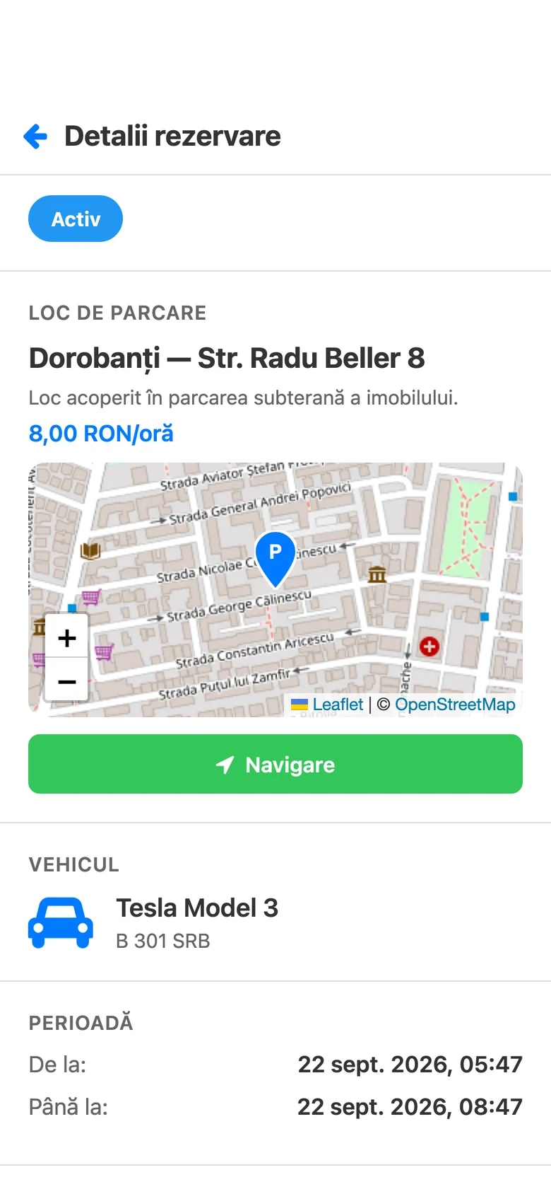Ecranul unei rezervări active din aplicația ParkOnGo, cu hartă și buton de navigare